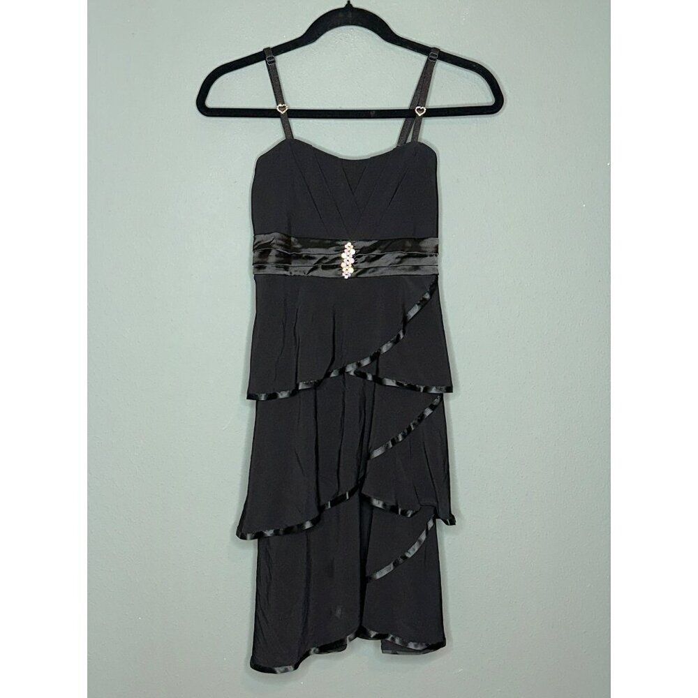 VTG Deb Medium Y2K 90s Strappy Tiered Satin Trim Tiered Bow Bling Party Dress